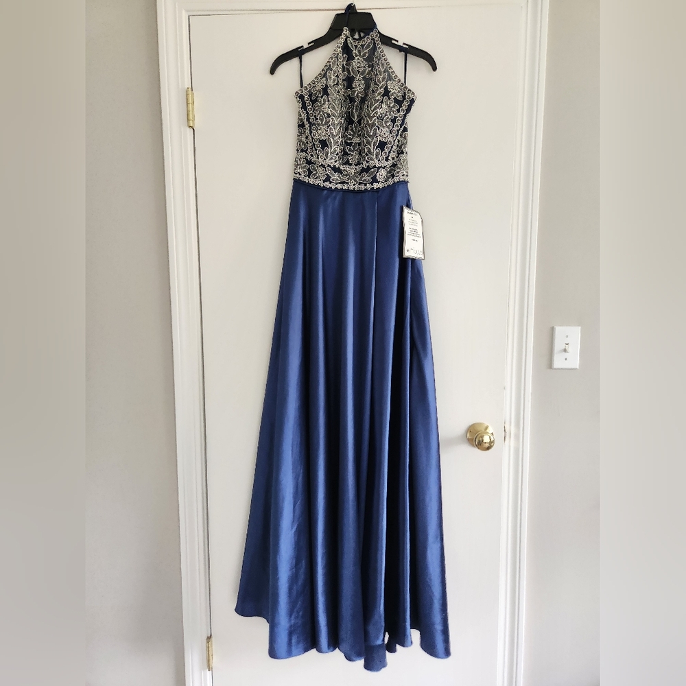 NWT Blondie Nights Navy Blue Satin Prom Dress. Size 3.